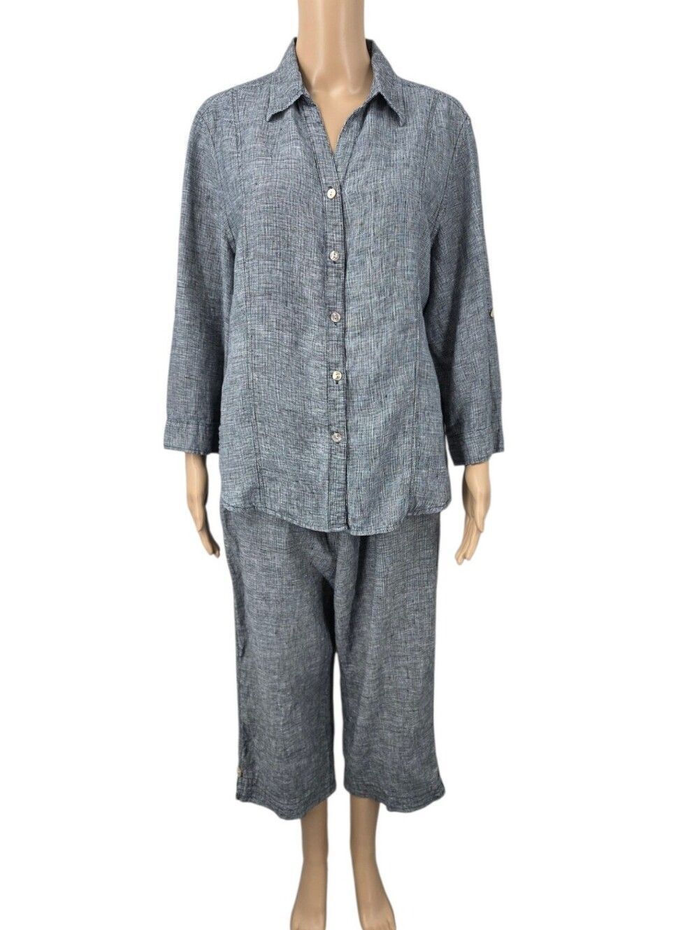 fresh produce Linen Top and Cropped Pants Matching Set Black and White